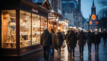 ai generado Noche en el ciudad, hombres caminando, famoso puntos de referencia iluminado generado por ai foto