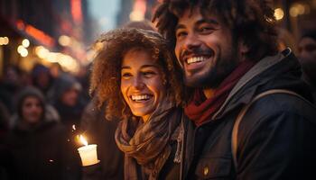 ai generado sonriente hombres y mujer disfrutar al aire libre invierno celebracion, amor iluminado generado por ai foto