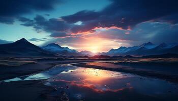 AI generated Majestic mountain peak reflects tranquil sunset over serene water generated by AI photo