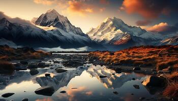 ai generado majestuoso montaña pico refleja tranquilo puesta de sol en glacial agua generado por ai foto