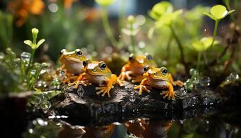 AI generated A cute toad sitting on a wet leaf in the forest generated by AI photo