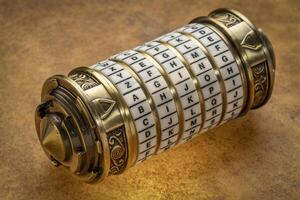 aging word as a password to combination puzzle box with rings of letters, cryptography and lifestyle concept photo