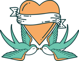 tattoo style icon of a swallows and a heart with banner png