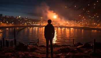 AI generated One person standing in nature, enjoying the tranquil sunset generated by AI photo