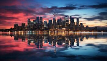 AI generated Urban skyline reflects the beauty of city life at dusk generated by AI photo