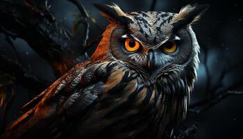 AI generated Eagle owl, majestic bird, perched on branch, piercing animal eye generated by AI photo