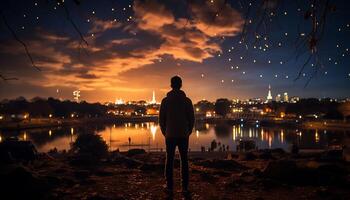 ai generado uno persona en pie al aire libre, disfrutando tranquilo puesta de sol terminado agua generado por ai foto