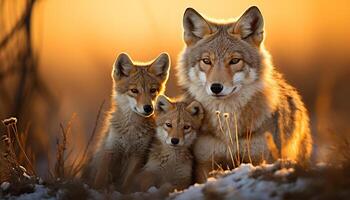 AI generated Cute red fox cub looking at camera in snowy forest generated by AI photo