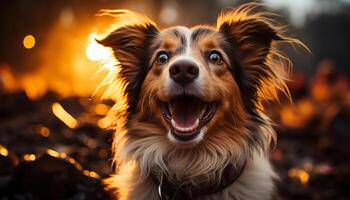 ai generado linda perrito sentado al aire libre, mirando a cámara con un alegre sonrisa generado por ai foto