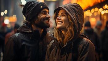 ai generado joven Pareja caminando en el lluvia, sonriente y abrazando generado por ai foto