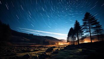 AI generated Tranquil mountain peak illuminated by star trail in winter night generated by AI photo