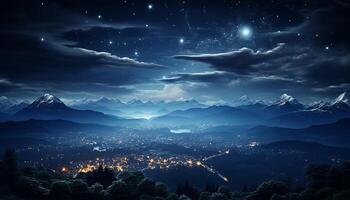 AI generated Majestic mountain peak illuminates tranquil night sky in mysterious beauty generated by AI photo