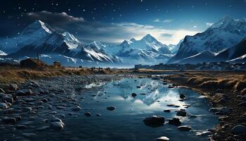 AI generated Majestic mountain peak reflects tranquil blue sky in winter landscape generated by AI photo