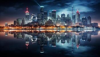 AI generated Modern city skyline reflects in the blue water at dusk generated by AI photo