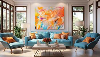 AI generated Modern apartment with bright blue sofa, comfortable chair, and vibrant decor generated by AI photo
