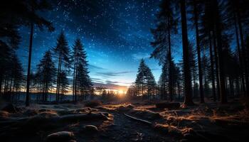 ai generado tranquilo escena oscuro pino árboles, iluminado por las estrellas cielo, Nevado montaña rango generado por ai foto
