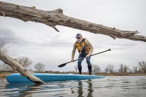 senior male paddling a stand up paddleboard on a lake in early spring, frog perspective from an action camera at water level photo