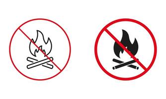 Camp Fire Not Allowed, Camping Warning Sign Set. No Dangerous Bonfire, Prohibit Open Fire Burning Line and Silhouette Icons. Campfire Forbidden Symbol. Isolated Vector Illustration