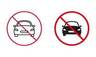 Vehicle Not Allowed Road Sign. Ban Auto Car Circle Symbol Set. Prohibit Traffic Red Sign. No Automobile Transport Line and Silhouette Forbidden Icons. Isolated Vector Illustration