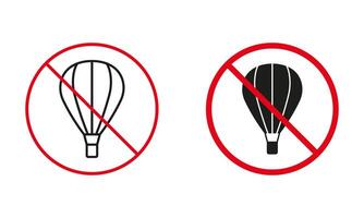 Air Balloon With Basket Not Allowed Road Sign. No Hot Air Ballon Circle Symbol Set. Hotair Baloon Prohibit Traffic Red Sign. Warning Line and Silhouette Icons. Isolated Vector Illustration