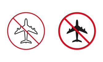 Air Plane Not Allowed Road Sign. Airplane Circle Warning Symbol Set. Forbidden Flight Jet. Aviation Prohibit Traffic Red Sign. No Aircraft Line and Silhouette Icons. Isolated Vector Illustration