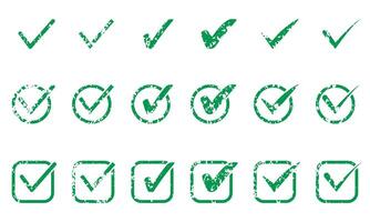 Check Mark Green Icon Set. Ok Sign, Grunge Checkmark In Checkbox Pictogram. Correct Rubber Stamp, Right Choice Symbol Collection. Vote, Confirm, Accept Tick. Isolated Vector Illustration