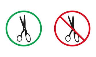 Scissor Red and Green Warning Signs. Sharp Objects Not Allowed. Barber Tools Silhouette Icons Set. No Scissor Symbols. Isolated Vector Illustration