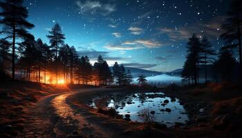 AI generated Tranquil scene mountain peak, pine tree, moonlight, reflecting on water generated by AI photo