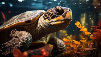 AI generated A cute yellow turtle swimming in the blue underwater beauty generated by AI photo