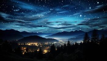 ai generado brillante estrella sendero ilumina oscuro montaña pico en misterioso noche generado por ai foto