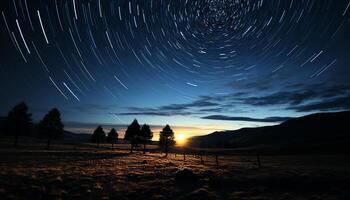 AI generated Tranquil scene mountain peak illuminated by moonlight, star trail generated by AI photo