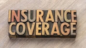 insurance coverage word abstract in vintage letterpress wood type photo