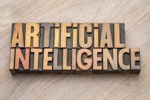artificial intelligence word abstract in vintage letterpress wood type, technology concept photo