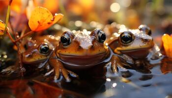 AI generated Cute toad sitting on wet leaf, looking at camera generated by AI photo