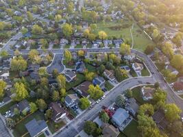 spring sunrise over residential area of Fort Collins in northern Colorado, aerial view photo