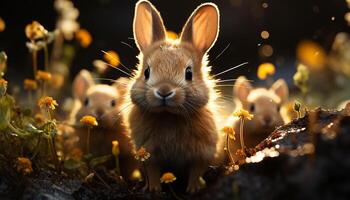 AI generated Fluffy baby rabbit sitting in green meadow, enjoying nature generated by AI photo