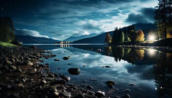 AI generated Tranquil scene mountain peak reflects in serene autumn pond generated by AI photo