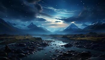 AI generated Majestic mountain peak at night, galaxy illuminates tranquil landscape generated by AI photo