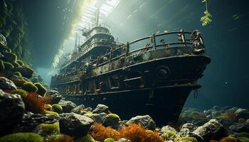 ai generado submarino naufragio revela abandonado industria, oxidado acero equipo generado por ai foto