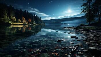 AI generated Majestic mountain peak reflects tranquil autumn night, serene beauty surrounds generated by AI photo