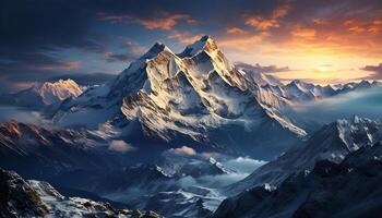 ai generado majestuoso montaña cima, nieve cubierto paisaje, sereno atardecer, tranquilo otoño bosque generado por ai foto