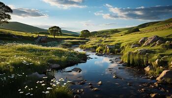 AI generated Tranquil meadow, green grass, mountain peak, reflecting in pond generated by AI photo