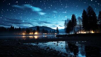 ai generado tranquilo oscuridad, montaña silueta, reflejando azul agua, estrellado noche generado por ai foto