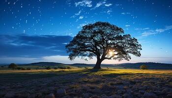 ai generado tranquilo prado, puesta de sol cielo, solitario árbol, naturaleza belleza generado por ai foto