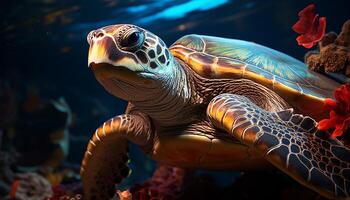 ai generado un hermosa mar Tortuga nadando en el vistoso coral arrecife generado por ai foto