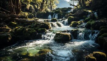 ai generado tranquilo escena fluido agua, verde árboles, rocoso montañas, natural belleza generado por ai foto