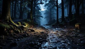 ai generado tranquilo escena oscuro bosque, misterioso sendero, escalofriante otoño paisaje generado por ai foto