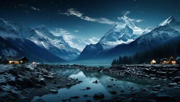 ai generado majestuoso montaña pico refleja tranquilo noche cielo en Nevado paisaje generado por ai foto