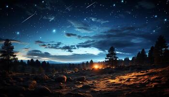 AI generated Tranquil scene night sky, mountain peak, star trail, silhouetted pine tree generated by AI photo