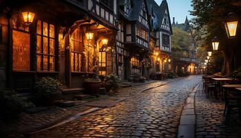 AI generated Old town medieval architecture illuminated by lanterns at dusk generated by AI photo